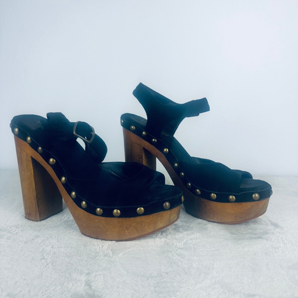 Jeffrey Campbell Woodies Splendid Black Suede Studded Wooden Platform Sandals 7M